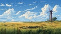 Majestic Windmill: Anime Art Inspired Prairie Panorama
