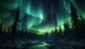 Majestic winter landscape illuminated by glowing aurora polaris generated by AI