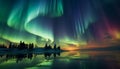 Majestic winter landscape illuminated by vibrant aurora polaris generated by AI