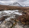 Majestic Winter landscape image of River Etive in foreground with iconic snowcapped Stob Dearg Buachaille Etive Mor mountain in Royalty Free Stock Photo