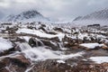 Majestic Winter landscape image of River Etive in foreground with iconic snowcapped Stob Dearg Buachaille Etive Mor mountain in Royalty Free Stock Photo