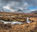 Majestic Winter landscape image of River Etive in foreground with iconic snowcapped Stob Dearg Buachaille Etive Mor mountain in Royalty Free Stock Photo