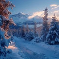 Majestic winter sunrise Sunlight illuminates snow covered forest and mountains