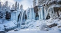 Majestic winter waterfall frozen solid with icicles and snow covered trees Royalty Free Stock Photo