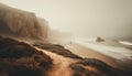 Majestic winter waves break on rocky coast generated by AI