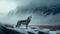 Majestic Wolf Growling in the Snowy Mountains Amidst the Morning Mist, Generative AI