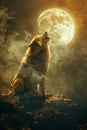 Majestic Wolf Howling at the Full Moon in Misty Wilderness Under Starry Sky Royalty Free Stock Photo