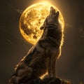 Majestic Wolf Howling at the Golden Moon. Generative ai Royalty Free Stock Photo