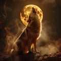 Majestic Wolf Howling at the Golden Moon. Generative ai