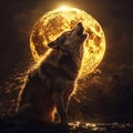 Majestic Wolf Howling at the Golden Moon. Generative ai Royalty Free Stock Photo