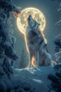 Majestic Wolf Howling at a Luminous Full Moon on a Tranquil Snowy Night Amidst Wintry Forest Scenery Royalty Free Stock Photo