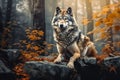 Majestic wolf lies o stone in autumn forest
