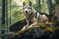 Majestic wolf lies on rock surrounded by forest silence