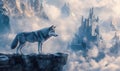 Majestic wolf overlooking a mystical castle in a cloud-covered mountain landscape Royalty Free Stock Photo