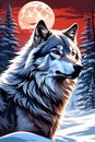 A majestic wolf in a red moon night, at a snow covered landscape, with snow capped tree, digital painting art