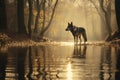 Majestic wolf silhouette in enchanting misty autumn forest, a captivating view of wildlife