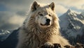 A majestic wolf sits in the snow covered mountain landscape generated by AI