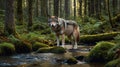 Lone Wolf Standing Guard in a Lush Forest Creek with Natural Light Royalty Free Stock Photo