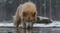 Majestic Fluffy Dog Drinking Water in Snowy Winter Scene Royalty Free Stock Photo