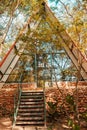 a large triangular structure in the middle of the woods with a wooden walkway going down