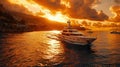 the majestic yacht arriving in Monaco, bathed in the golden glow of sunrise