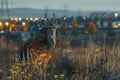 Majestic Young Spotted Deer Stands in Grassy Field at Twilight with Urban Landscape Background