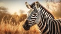 Majestic zebra standing in a lush grassy field at sunset, AI-generated.