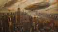 Majestic Zeppelin: Iconic Hindenburg Sails Across New York Skyline Royalty Free Stock Photo