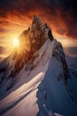 Majesty at Dawn: A Snow-Covered Mountain Peak Illuminated by Sunrise, ai generative