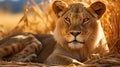 Majesty of a lioness resting in the golden savannah grass, with a backdrop of acacia trees and the African wilderness. Generative