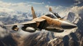 Majesty of the skies military fighter jet soaring flying over majestic mountain range Royalty Free Stock Photo