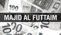 Majid Al Futtaim text Concept. American Dollars Cash Money,3D rendering. Billionaire Majid Al Futtaim at Dollar Banknote. Top