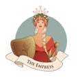 Major Arcana Emblem Tarot Card. The Empress. Beautiful woman with long braids, crown of flowers and stars, holding a shield with a