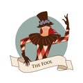 Major Arcana Emblem Tarot Card. The Fool. Joker with top hat decorated with flowers, mask and rhombus suit dancing, isolated on wh Royalty Free Stock Photo