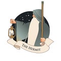 Major Arcana Emblem Tarot Card. The Hermit. Old man with a long beard, wearing a long hooded robe, leaning on a staff and illumina