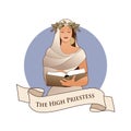 Major Arcana Emblem Tarot Card. The High Priestess with a laurel wreath reading a book isolated on white background