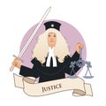 Major Arcana Emblem Tarot Card. Justice. Woman dressed in a wig and judge`s clothes, holding a sword in one hand and a scale in a