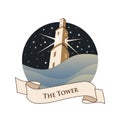 Major Arcana Emblem Tarot Card. The Tower. Large tower over raging sea, over a starry night sky, isolated on white background