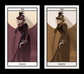 Major Arcana Tarot Cards. Death. Woman Dressed In Veils And Ancient Widow Clothes Carrying A Sickle And A Sprig Of Flowers In One