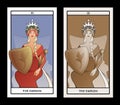 Major Arcana Tarot Cards. The Empress. Beautiful woman with long braids, sitting on a throne, holding a shield with and golden