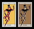 Major Arcana Tarot Cards. The Fool. Joker with top hat decorated with flowers, mask and rhombus suit dancing Royalty Free Stock Photo