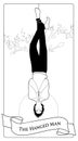 Major Arcana Tarot Cards. The Hanged Man. Man hanging from a tree, face down, subject of the right foot, with praying hands