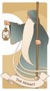 Major Arcana Tarot Cards. The Hermit. Old man with a long beard, wearing a long hooded robe, leaning on a staff