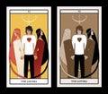 Major Arcana Tarot Cards. The Lovers. Young man holding two beautiful women by the hand. T-shirt with heart on the chest Royalty Free Stock Photo