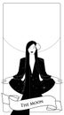 Major Arcana Tarot Cards. The Moon. Beautiful girl meditating in lotus position and full moon in the background.