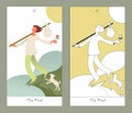 Major Arcana Tarot Cards. Stylized design. The Fool. Man walking between mountains in the company of a dog Royalty Free Stock Photo