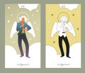 Major Arcana Tarot Cards. Stylized design. Judgement. Archangel with great wings playing trumpet on cloudy and stared sky