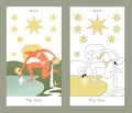 Major Arcana Tarot Cards. Stylized design. The Star. Young girl kneeling on a pond, pouring water from two jugs under eight stars