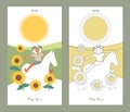 Major Arcana Tarot Cards. Stylized design. The Sun. Boy riding a pony in the sunshine over a field of sunflowers