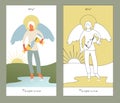 Major Arcana Tarot Cards. Stylized design. Temperance. Angel with appearance and clothes of young man, great wings, hair fair, Royalty Free Stock Photo